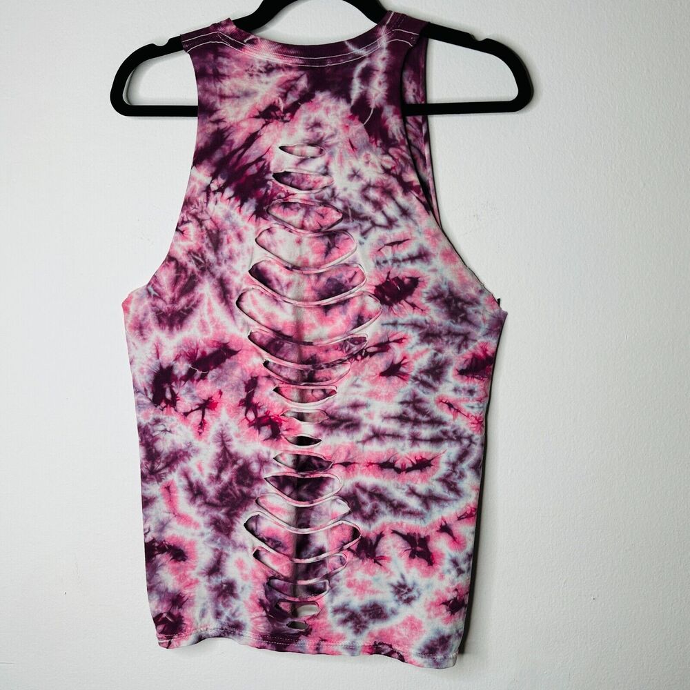 Sleeveless Cropped Hand Cut Out Plum & Pink Cream Tie Dye Crew Neck Top S - Picture 5 of 13